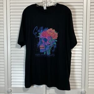 Lane Seven Black Selflove Floral Skull Graphic Cotton T-shirt Unisex 2XL